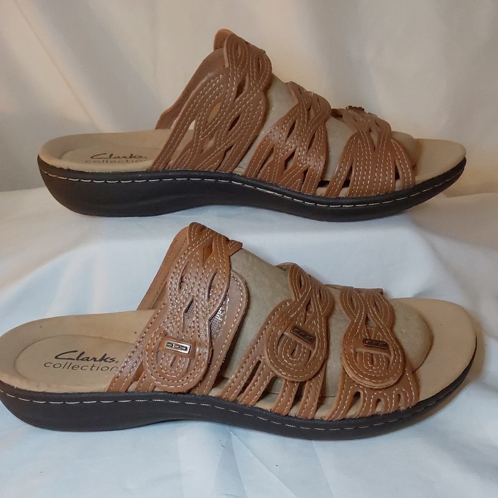 Clarks Womens 9M Brown Leisa Faye Strappy Slide Sandals Slip On Wedge Shoes